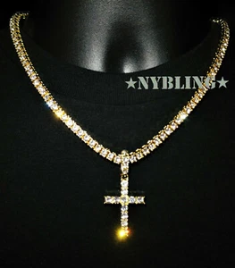 14k Gold Plated 5MM Tennis Chain with Cross Pendant ICED Choker CZ Necklace  - Picture 1 of 13