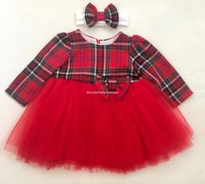 Baby Girls Red Tartan Bow Tutu Dress & Headband Spanish Style Outfit 3-6M - Picture 1 of 3