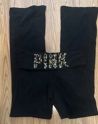 Victoria’s Secret Pink Vintage Black Cheetah Bling Foldover Flare Leggings M - Image 1 of 4