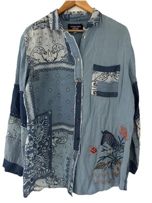 Johnny Was Workshop S BANDANA MIXUP Denim Shirt Jean Patchwork Embroidered Boho - Image 1 of 4