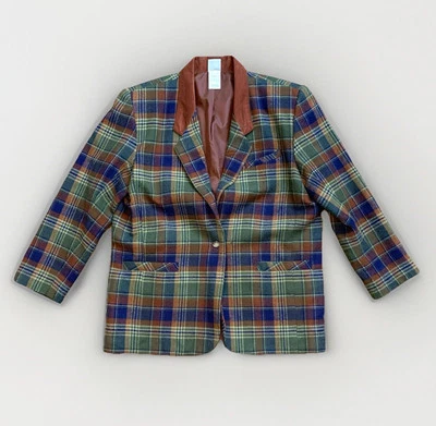 VTG 90s Jantzen Classic Plaid Womens 16 Blazer Jacket Green Blue Shoulder Pads - Image 1 of 4