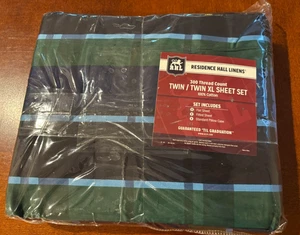 Residence Hall Twin/Twin XL Navy Green Plaid 100% Cotton Sheet Set NEW DORM - Picture 1 of 3