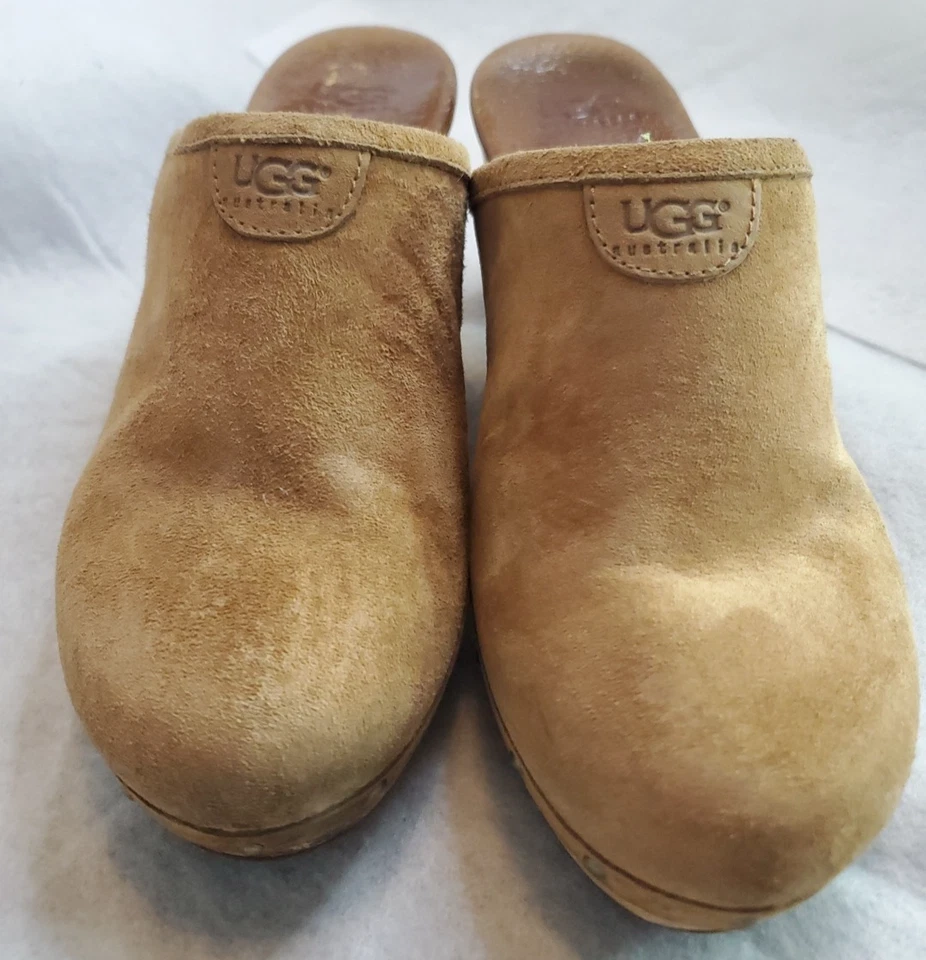 UGG Clogs Camel Brown Suede Stud Wood Sole Wedge Mule Slip On 7 - Image 1 of 4