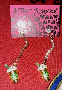 Betsey Johnson Enamel Starbuck's Iced Mocha Frappuccino Rhineston Drop Earrings - Picture 1 of 7