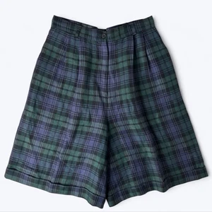 Vtg Talbots Tartan Plaid Shorts Sz 12 Blue Green Linen High Waist Cuffed Preppy - Picture 1 of 14