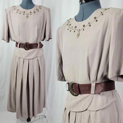 Vestido Blusa Vintage Impulsivo Gris/Tostado con Acentos Peplum y Piedra Talla 14 Foto 1 de 4