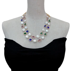 2 Rows 14mm Cultured White Coin Pearl Gold Color Metal Chain Choker Necklace - Picture 1 of 6