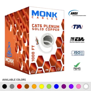 MonkCables Cat6 Plenum Solid Bare Copper 1000ft UTP 550MHz 23AWG Ethernet White - Picture 1 of 6