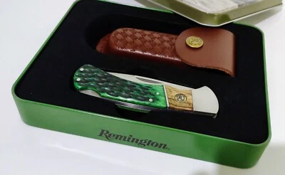 REMINGTON LOCKBACK HUNTING POCKET KNIFE W/ SHEATH CASE AND TIN DISPLAY !!! - Image 1 of 4