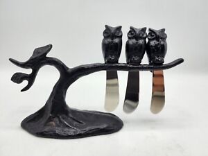 Pottery Barn OWL Spreaders on Tree 3 KNIFE SET Sculpted Antique Bronze Halloween