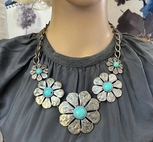 Vintage Unknown Maker Signed Silver Faux Turquoise Flower Necklace 18-23" #311 - Picture 1 of 4