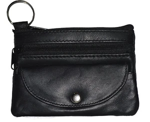 Black Leather Coin Purse Mini Wallet Key Pouch 2 Zippered Sections ID Slot Black - Picture 1 of 2