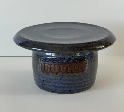 Studio Pottery Glazed Butter Bell Keeper Large Crock Blue Ring Signed New - Image 1 of 4