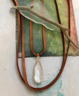 Sundance Charm artisan jewelry Necklace Quartz genuine suede leather cord - Image 1 of 4