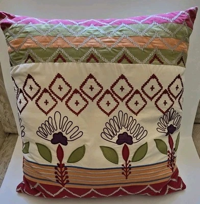 Pier 1 Embroidered Floral Decorative Pillow Zip Orange/Red/Purple 17.5”  - Image 1 of 4