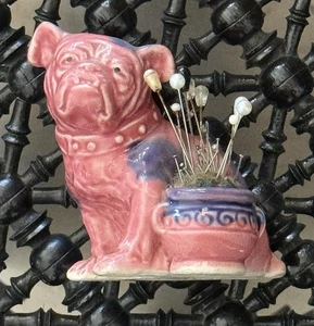 Vintage 1930s Porcelain Ceramic Pink Bulldog Pin Cushion - Picture 1 of 20