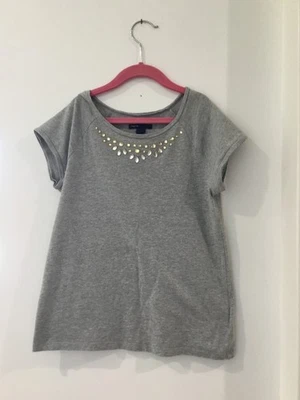 Grey Gap Kids T-Shirt with Yellow Fake Jewels on Neckline Size 10 - Image 1 of 4