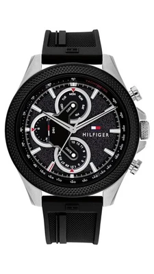 Tommy Hilfiger 1792082 Men's Silver Case Black Rubber Band Black Dial Watch 46mm - Image 1 of 4