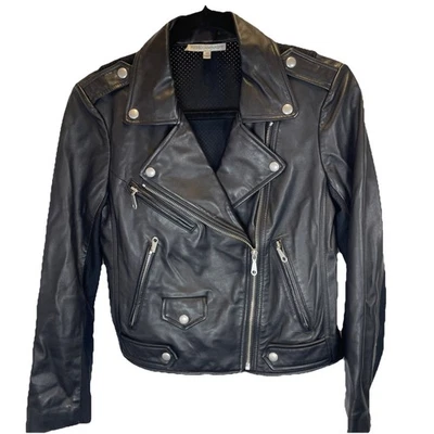 Chaqueta Motociclista Rebecca Minkoff Piel de Cordero Perforada Cuero XS Negra Foto 1 de 4