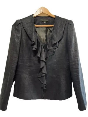 Chaqueta manga larga ANNE KLEIN de lino negro con volantes y cuello en V talla 6 Foto 1 de 4