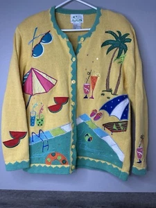 Quacker Factory Cardigan Button Front Size Medium Yellow Pool Side with drinks - Picture 1 of 7