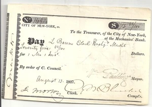 1827 NYC MAYOR WILLIAM PAULDING JR. SIGNED CHECK to L. Baum Clerk Washgt. Market - Picture 1 of 3