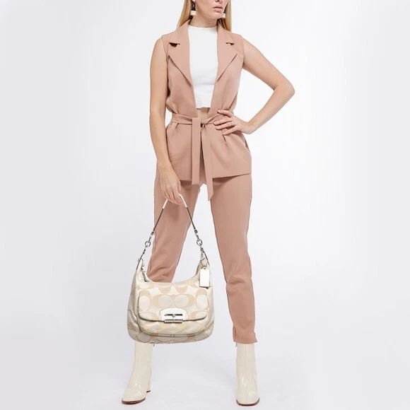 Bolso Hobo Coach Kristin de Lino 16817 Beige Marrón Firma C Bolso de Mano Cartera Foto 1 de 4