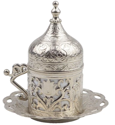 Set piattini tazza caffè colore argento inserto porcellana tazza ottomana turca - Immagine 1 di 4
