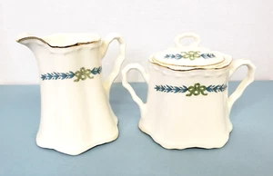 Crooksville China Blue Laurel Green Ribbons Cream & Sugar Set - Picture 1 of 6
