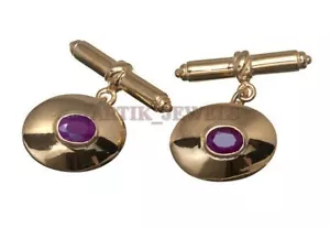 Heated Ruby Gemstone with 18k Gold Plated Silver Cufflink #2577 - Picture 1 of 4