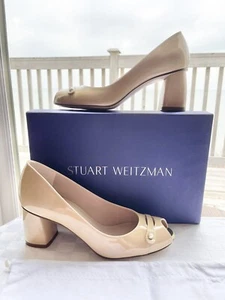 Stuart Weitzman Tabeta Bambina Aniline Nude Patent Leather Pearl Detail Pumps 8M - Picture 1 of 21