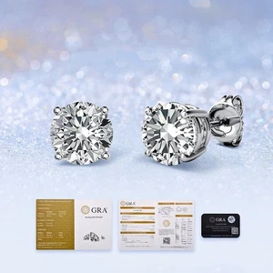 1 Ct Round Cut VVS1/D GRA Certified Moissanite Stud Earrings 14k White Gold 5mm - Picture 1 of 4