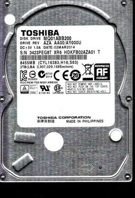 MQ01ABB200 HDKFB02AZA01 T REV: AZA AA00/AY000U 2 TB MAR 2014 FILIPINAS TOSHIBA Foto 1 de 3