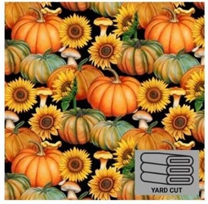 Fall Holiday Halloween Orange Pumpkins and Sunflowers 1 Yard Cotton Fabric Pre- - Picture 1 of 3