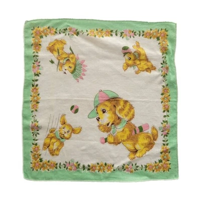 Lenço infantil vintage cachorrinho cachorrinho bola brincando verde década de 1950 - Imagem 1 de 4