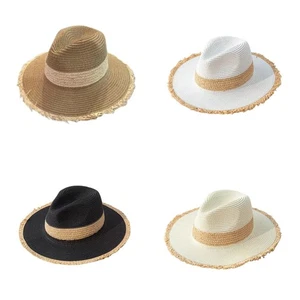Men Frayed Panama Hat Straw Sun Hat for Women Summer Wide Brim Beach Travel Hat - Picture 1 of 16