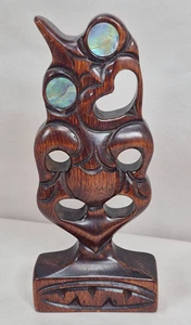 Maori New Zealand Hei Tiki Wood Carved Statue w/ Paua Abalone Shell Eyes 7.75" - Picture 1 of 12