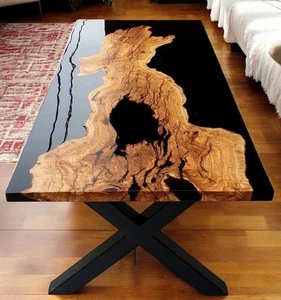 Black Epoxy Resin Wood Table Top Dining & Coffee Modern River Resin Table - Picture 1 of 11