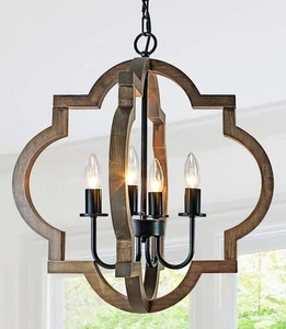 19.49'' Farmhouse Wood Chandelier, 4-Light Rustic Dining Room Light Fixture, ... - Picture 1 of 9