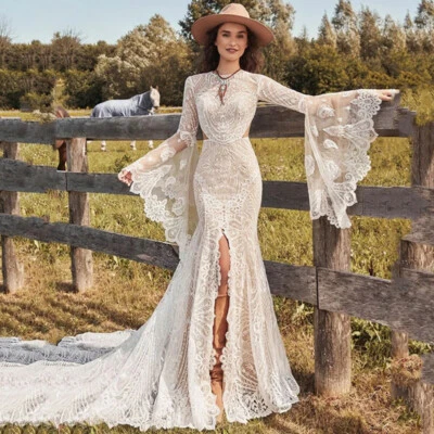 Boho Mermaid Wedding Dresses O-Neck Trumpet Sleeved Lace Appliques Bridal Gowns - Image 1 of 4