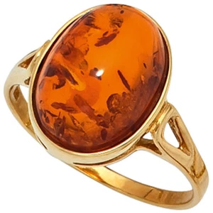 Ring Women's Ring Amber Orange-Brown 375 Yellow Gold Finger Jewellery Gold Ring - Picture 1 of 1