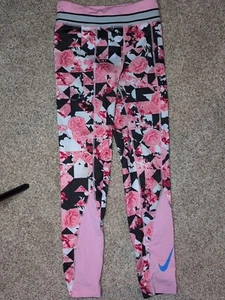 Nike Dri Fit Girls Size XL Pink Roses Leggings Tight Fit Ankle Length - Picture 1 of 3