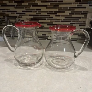 Vintage large Mexican hand blown glass Margarita Pitchers with RED Rim. 2 - Picture 1 of 4