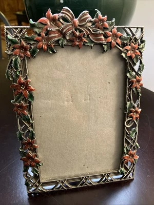 Christmas Photo Frame Enamel Poinsettia Bow Ribbon Cloisonné Silver Pewter 7x5" - Image 1 of 4