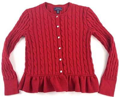 Niñas Polo Ralph Lauren Cable Tejido Volantes Abotonados Cárdigan Rojo M 8-10 Foto 1 de 4