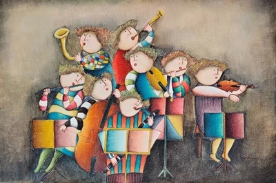 Joyce Roybal HAND SIGNED Orchestra Painting on Canvas Music Instrument art LARGE - Image 1 of 4