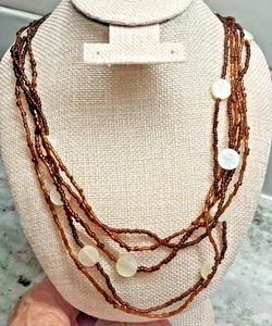 Lovely Amber Beads & Milky White Disc Multi-Strand Necklace~Fall Colors 40-43” Y - Picture 1 of 6
