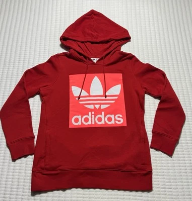 Adidas Originals: Red Hoodie W/Neon Pink Trefoil Velvet Logo: Women's Size Small - Image 1 of 4