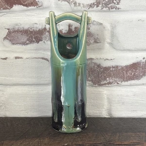 Japanese VTG Pottery Ceramic Wall Pocket Hanging Bud Vase Turquoise & Brown - Picture 1 of 11