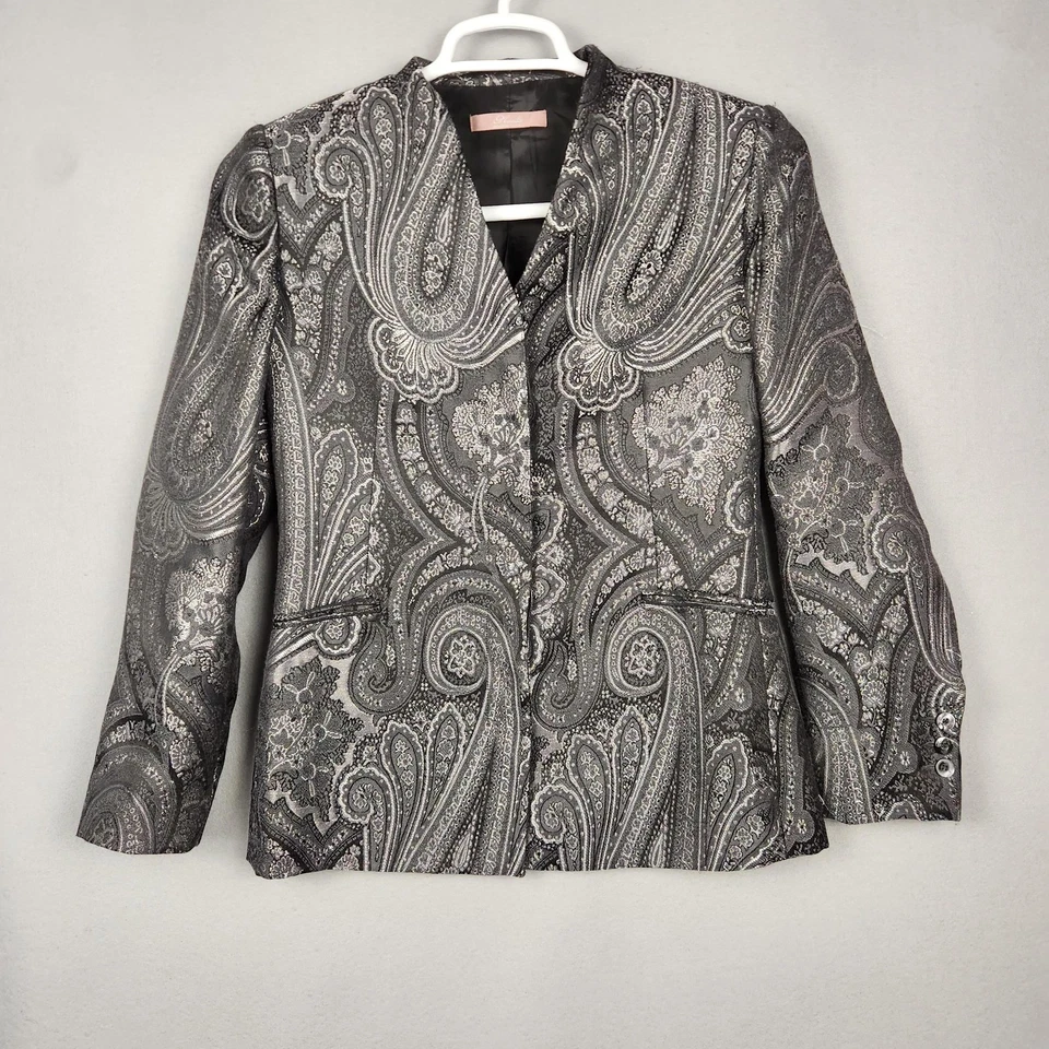 Nicola Blazer Womens 4 Black Silver Paisley Jacquard Button Front Made in Italy - Image 1 of 4
